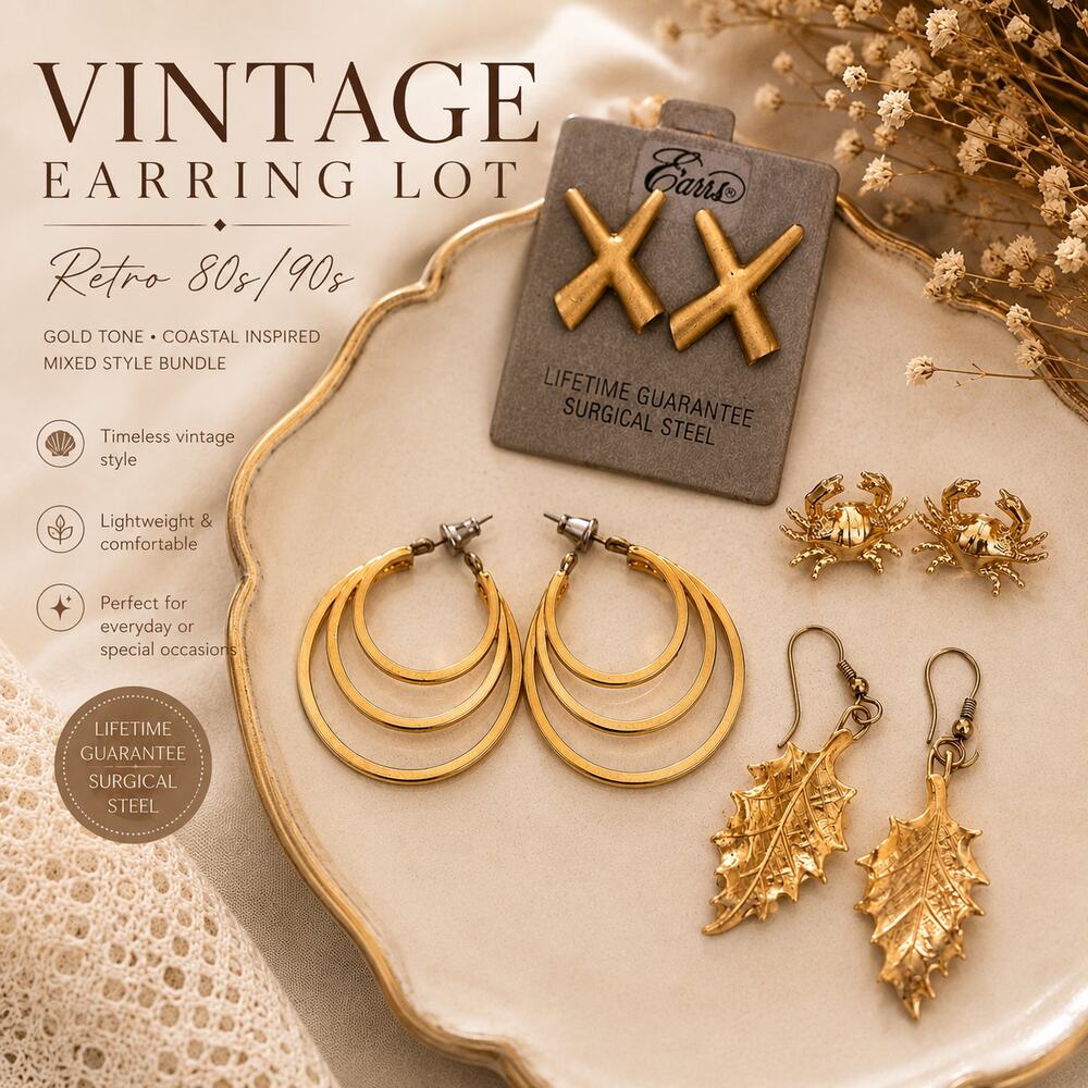 Vintage Earring Lot Gold Tone Coastal Leaf Hoop 80s 90s Jewelry Bundle